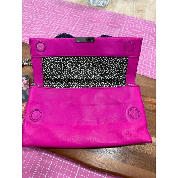 Loeffler Randall Leather Floral Fringe Clutch Bag Pink Chain Strap Y2K Designer - Picture 7 of 10